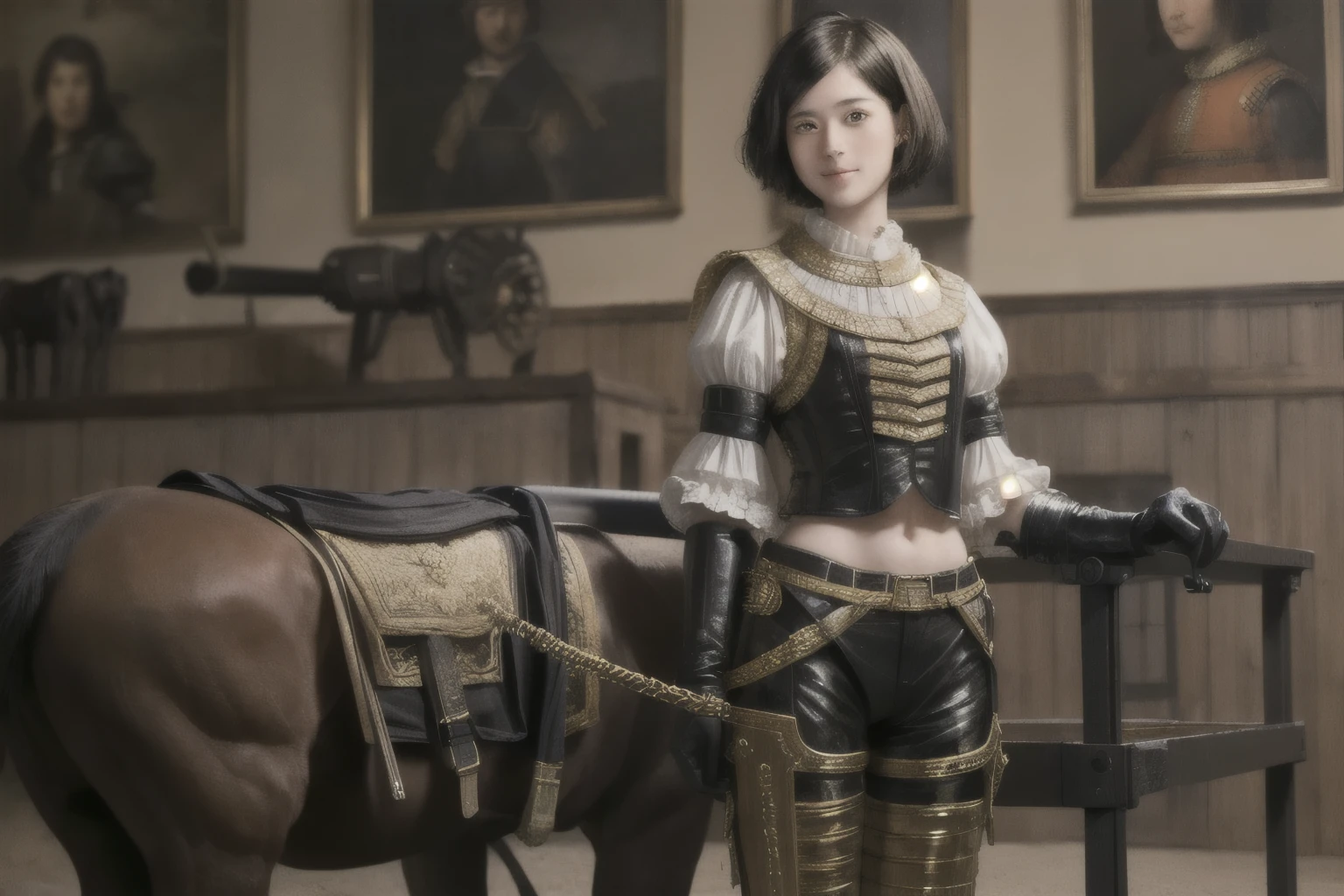 223 Short Hair, 20-year-old woman, A kind smile, (Luxurious stables), (Rembrandt-style painting), ((machinery suit,Clothes with short sleeves)),I can see your abs
