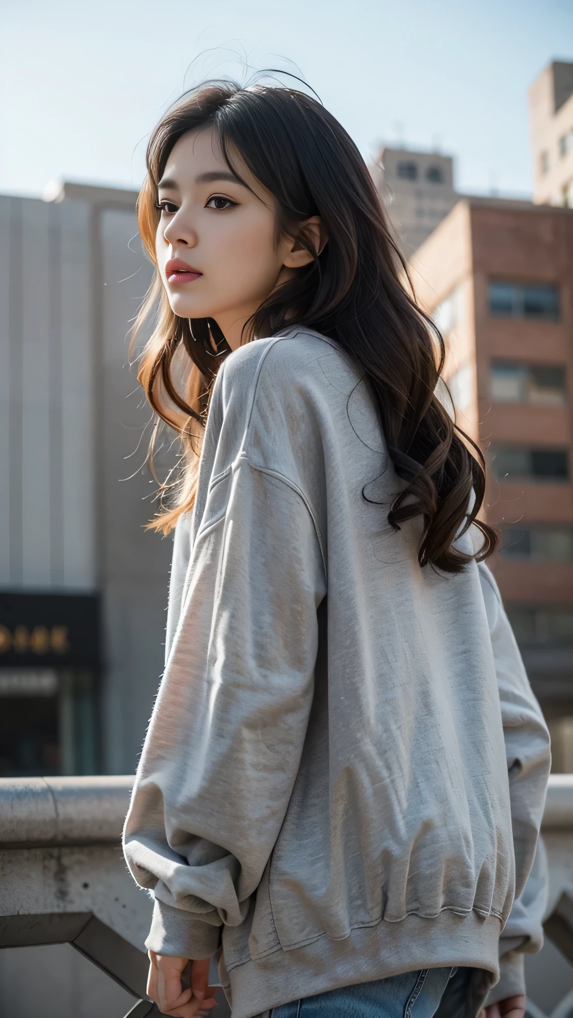 1girl, beautiful, wavy hair, almond eyes, no make up, grey sweatshirt, oversize_shirt, in front of fence, big city, close up, (from below:1.2), (photorealistic:1.2), (ultra realistic:1.3), (very detailed:1.1), ((masterpiece)),