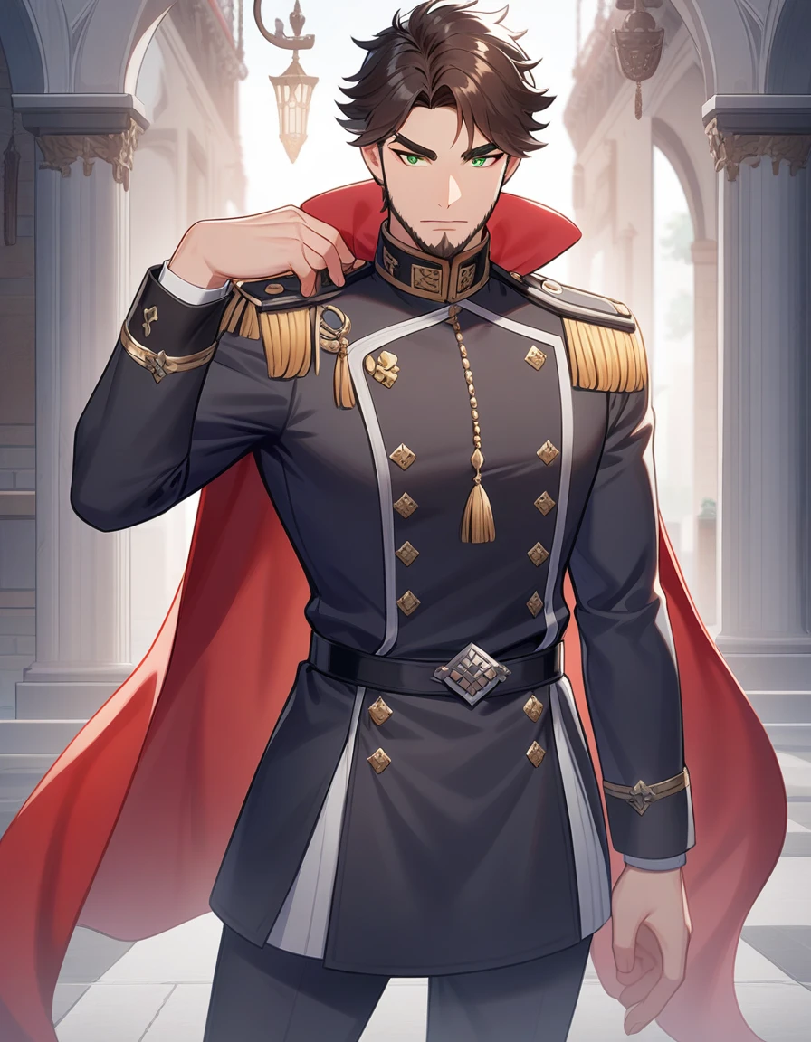 1man, derpixon, fandeltales, parted bangs, short gray hair, silver colored tips two-tone hair, multicolored dark brown hair, solo, middle-thick eyebrow, masculine handsome prince, short beard, green eyes, black pupils, lens eye, red cape, dark-blue military uniform, standing, in cartoon style, masterpiece, best quality
