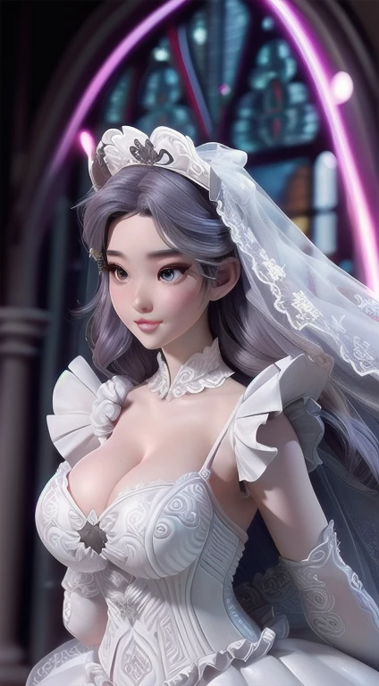 1 girl, Face, Face shot, Mouth focus,(( Large Breasts,Cleavage, cleveage、Perfect body) frontal Face, , masterpiece, best quality, fair, Luminous lamp, outstanding, (Wedding dress, Wedding dress),, church