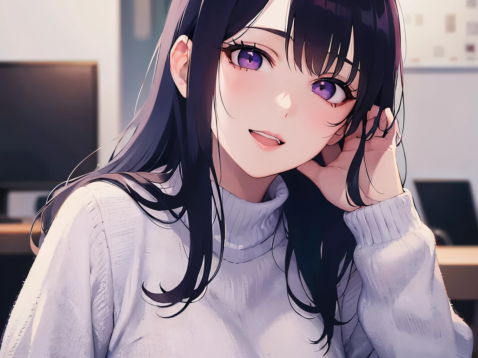 Placing hand on face、Biologically correct five fingers、head tilt、Real person, (Pale skin: 1.2), RAW Photos, Realistic, Shiny skin, Shiny Hair、(A 25-year-old woman with straight hair and bangs) and (medium hair) and (black hair) and (purple eyes) , in white turtleneck shirt, smile, open mouth, Background is an office room、Are standing