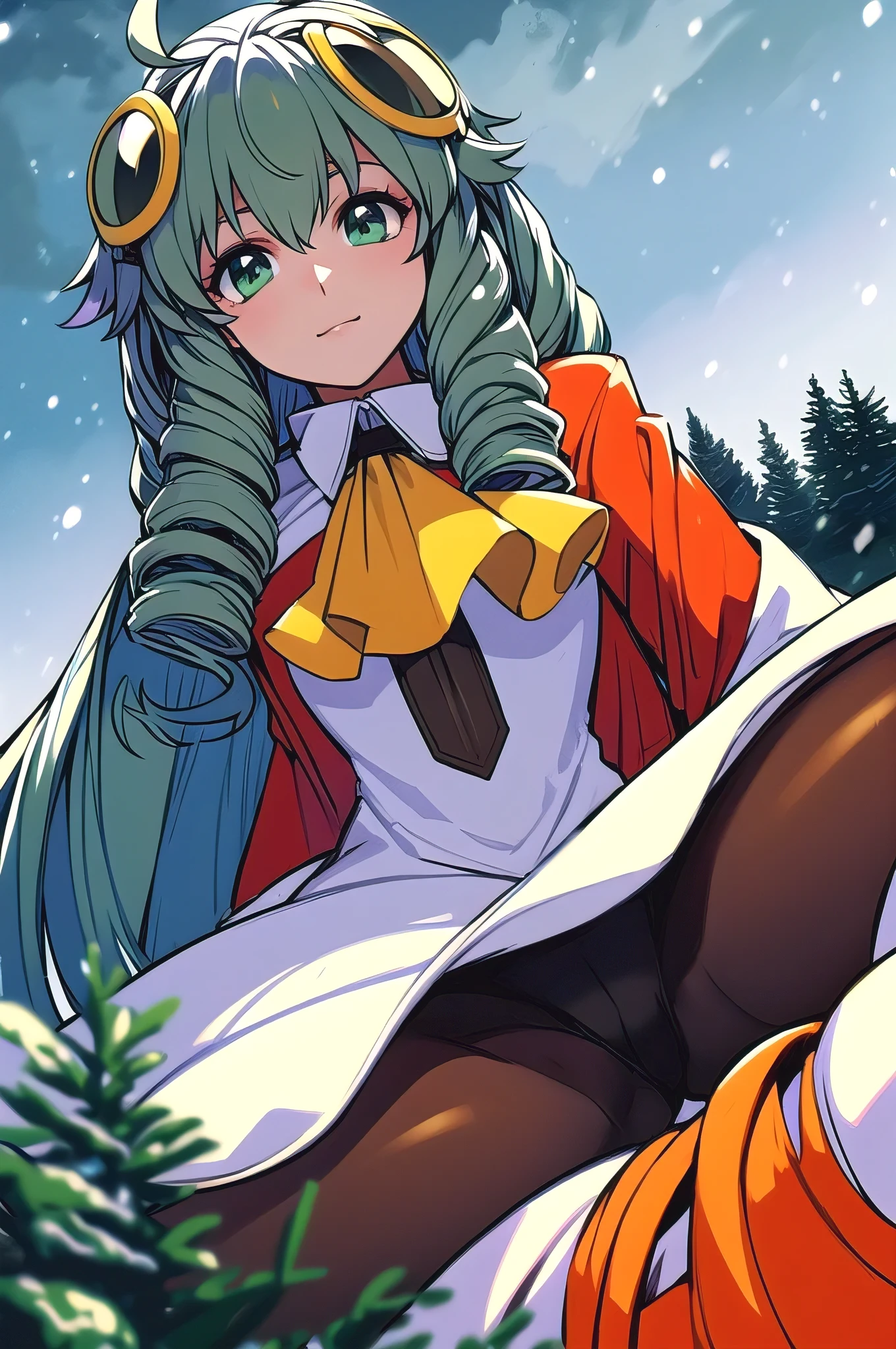 maria balthasar white skirt, (masterpiece, best quality:1.2), solo, 1girl, Maria, expressionless, looking at viewer, ahoge, bodysuit, outer space, (dynamic pose:1.0),happy,smile,(centered,scale to fit dimensions,Rule of thirds), ((snowy pine forest at night)), with dark stormy clouds,winter,scenery:1.25,((snow forest background)),Christmas tree, highres,sharp focus,(ultra detailed,extremely detailed),(((vibrant colors,vibrant theme))),(intricate),(masterpiece),(best quality), sitting, spread legs