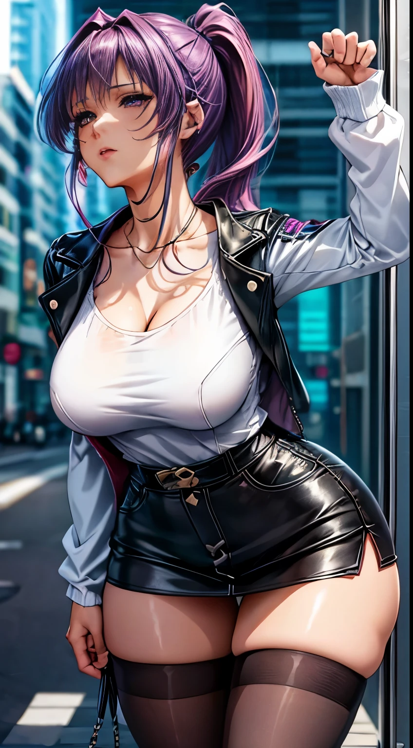 1 female，Thirty years old，Mature，Sexy bulge, masterpiece, best quality, Thicker lines, nipple, Purple Hair, Double ponytail hairstyle，Northern Hemisphere Breast Exposure， Lips, Put your hands behind your body，Super Max_Medium breasts!! Have breast shape_melon, Cleavage View, Game cover art, Tights, miniskirt, Anime Cover, Realistic anime 3D style, Anime Aesthetics，White T-shirt，Purple leather jacket