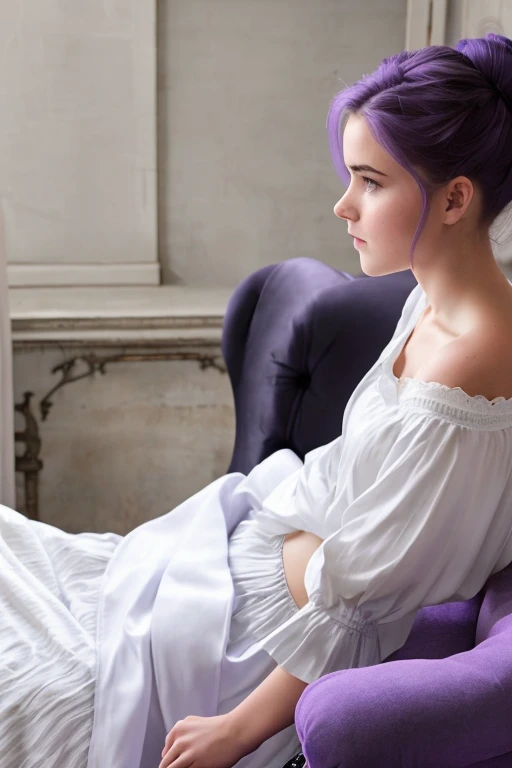 belle fille de 16 ans terrifier avec des cheveux violet & noir, gros sein portant une robe blanche ligoter sur une chaise de laboratoire et essayant de se libérer