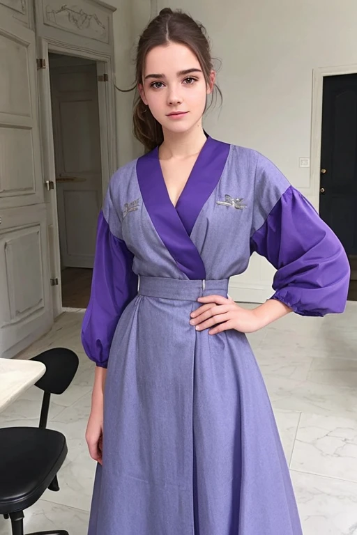 belle fille de terrifier avec des cheveux violet & noir, gros sein portant une robe blanche ligoter sur une chaise de laboratoire et essayant de se libérer