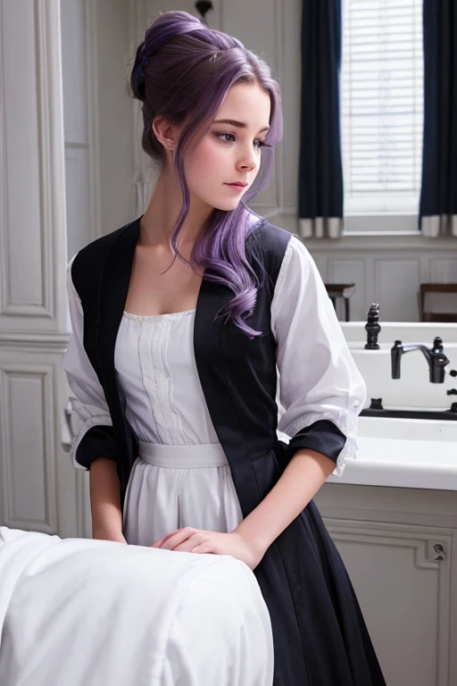 belle fille de 16 ans terrifier avec des cheveux violet & noir, gros sein portant une robe blanche ligoter sur une chaise de laboratoire et essayant de se libérer