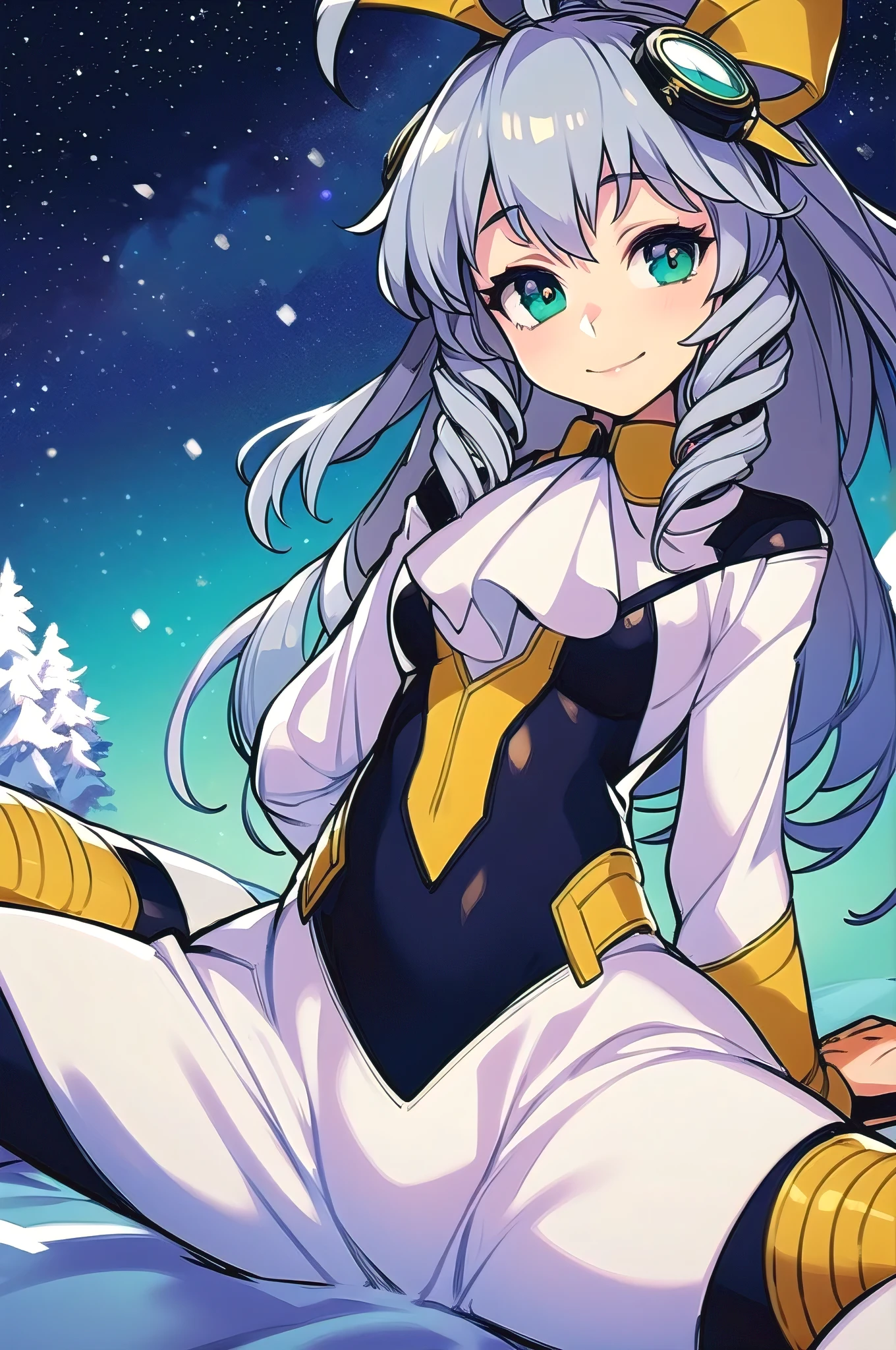 maria balthasar white skirt, (masterpiece, best quality:1.2), solo, 1girl, Maria, expressionless, looking at viewer, ahoge, bodysuit, outer space, (dynamic pose:1.0),happy,smile,(centered,scale to fit dimensions,Rule of thirds), ((snowy pine forest at night)), with dark stormy clouds,winter,scenery:1.25,((snow forest background)),Christmas tree, highres,sharp focus,(ultra detailed,extremely detailed),(((vibrant colors,vibrant theme))),(intricate),(masterpiece),(best quality), sitting, spread legs