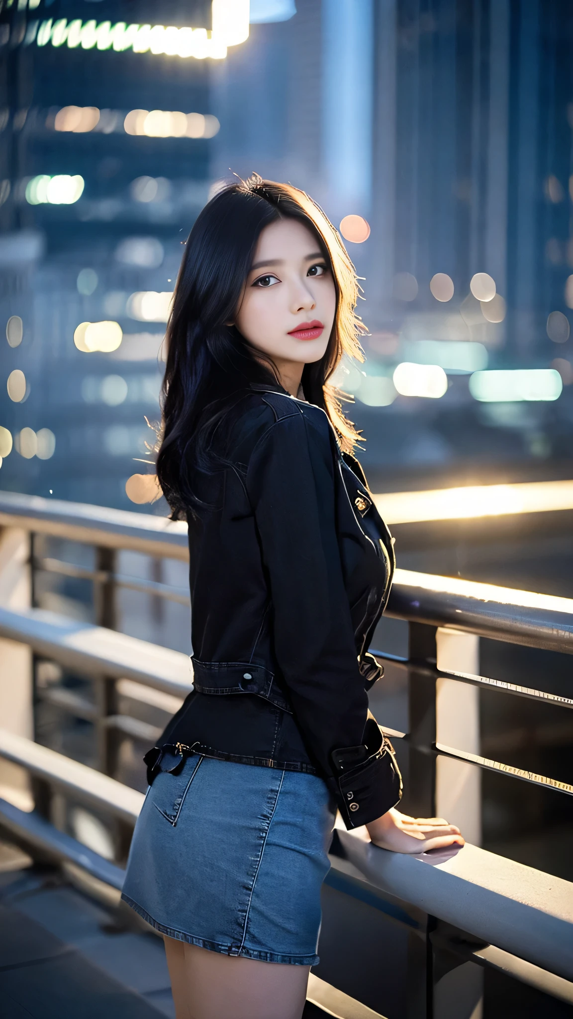 ((midnight, best quality, 8 thousand, masterpiece :1.3)), (enlargement), sharp focus, pretty girl with perfect body, ((black hair, )), (denim jacket, short skirt, standing), ((big city view, rooftop)), Highly detailed face and skin textures, detailed eyes, double eyelid, CG rendering, Blurred background, deep shadow,  16K,  Very detailed, wallpaper, depth of field, movie light, lens flare, Ray tracing.