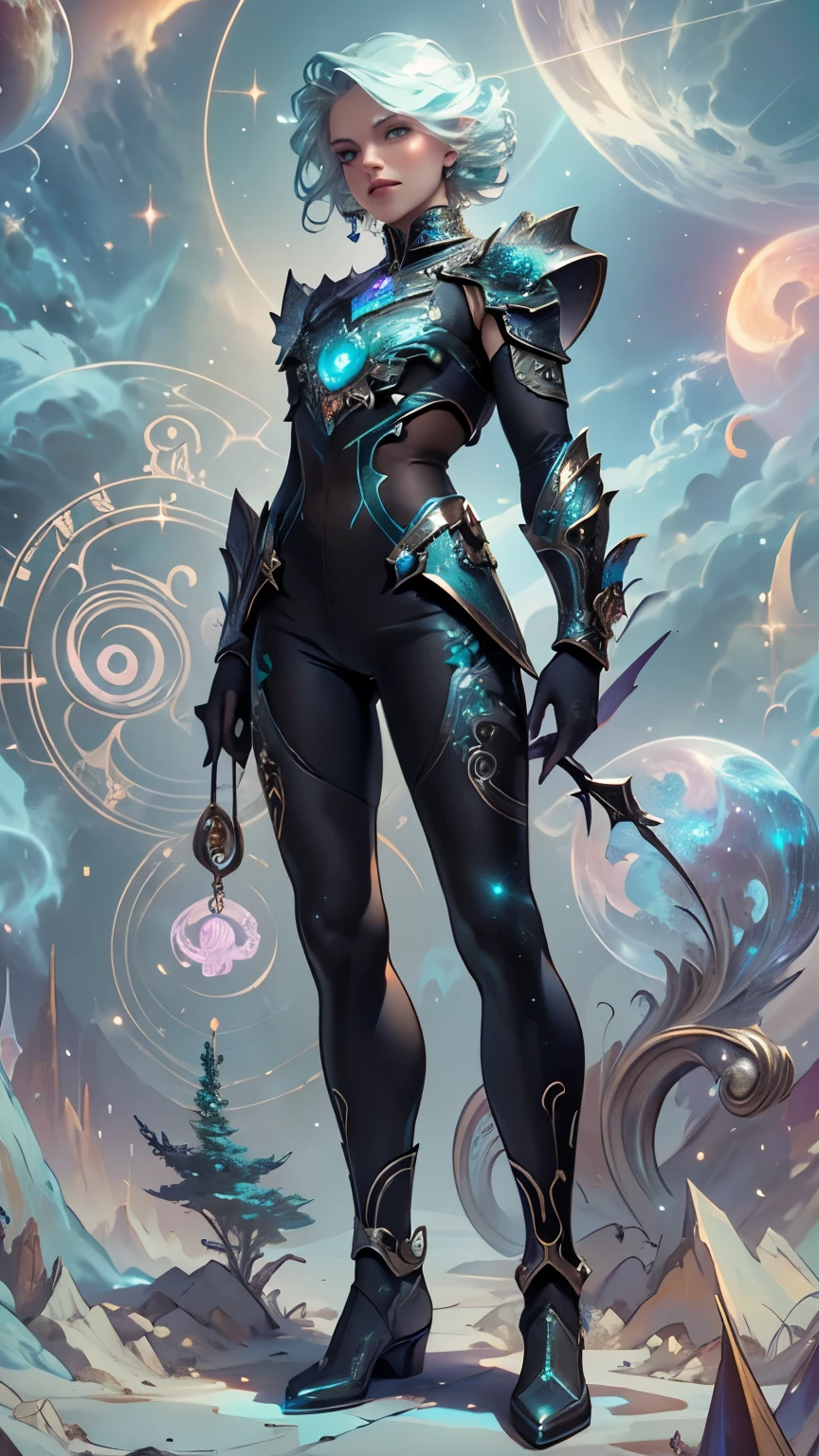 masterpiece, best quality, 1 girl, adult (elven:0.7) woman, freckles, turquoise eyes, ginger medium hair, portrait, solo, upper body, looking at viewer, detailed background, detailed face, (SilverSapphireAI theme:1.1) astral wizard, zodiac, dynamic pose, occult, aries, geometric symbolism, celestial power, bright light green lights, glow, aura, shine, metaphysics, reincarnation, floating particles, backlighting, cosmic space background, otherworldly ethereal atmosphere,