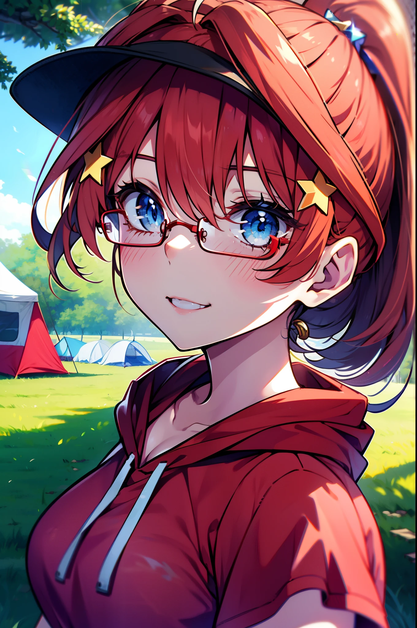 itsukinakano, Itsuki Nakano, bangs, blue eyes, Hair between the eyes, Ahoge, Redhead, star \(symbol\), hair ornaments, star hair ornaments,Akagi glasses, tooth, smile, Open your mouth,ponytail,Red hoodie,Short sleeve,Baseball cap,Food Up,Red Tank Top Shirt,Short denim,Red Knee High Socks,High Top Sneakers,Daytime,sunny,真夏日
break looking at viewer, Upper Body, whole body,(Cowboy Shot:1. 5)
break outdoors, forest, nature,camp site,tent,
break (masterpiece:1.2), highest quality, High resolution, unity 8k wallpaper, (shape:0.8), (Beautiful details:1.6), Highly detailed face, Perfect lighting, Extremely detailed CG, (Perfect hands, Perfect Anatomy),