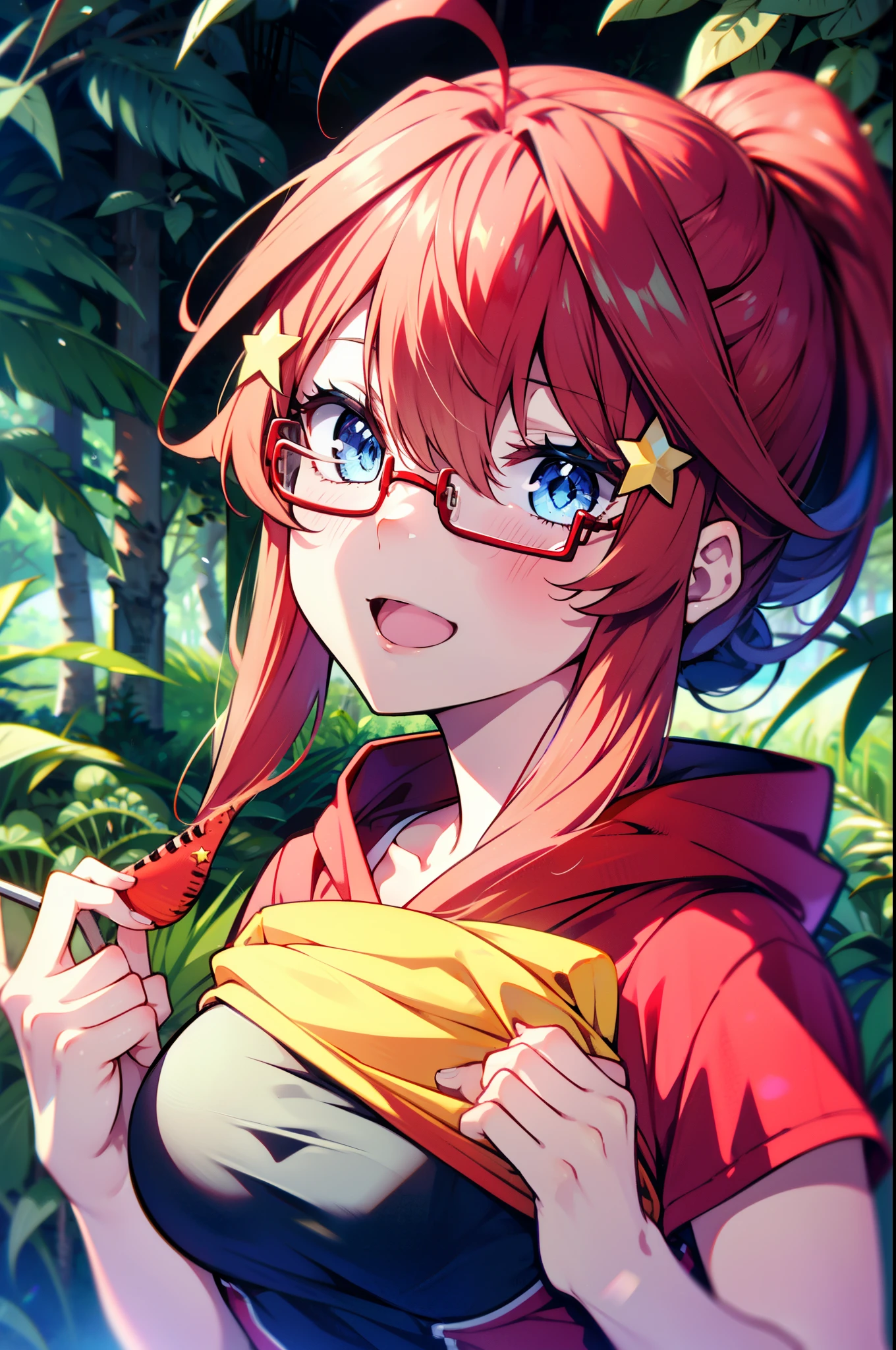 itsukinakano, Itsuki Nakano, bangs, blue eyes, Hair between the eyes, Ahoge, Redhead, star \(symbol\), hair ornaments, star hair ornaments,Akagi glasses, tooth, smile, Open your mouth,ponytail,Red hoodie,Short sleeve,Baseball cap,Food Up,Red Tank Top Shirt,Short denim,Red Knee High Socks,High Top Sneakers,Daytime,sunny,真夏日
break looking at viewer, Upper Body, whole body,(Cowboy Shot:1. 5)
break outdoors, forest, nature,camp site,tent,
break (masterpiece:1.2), highest quality, High resolution, unity 8k wallpaper, (shape:0.8), (Beautiful details:1.6), Highly detailed face, Perfect lighting, Extremely detailed CG, (Perfect hands, Perfect Anatomy),
