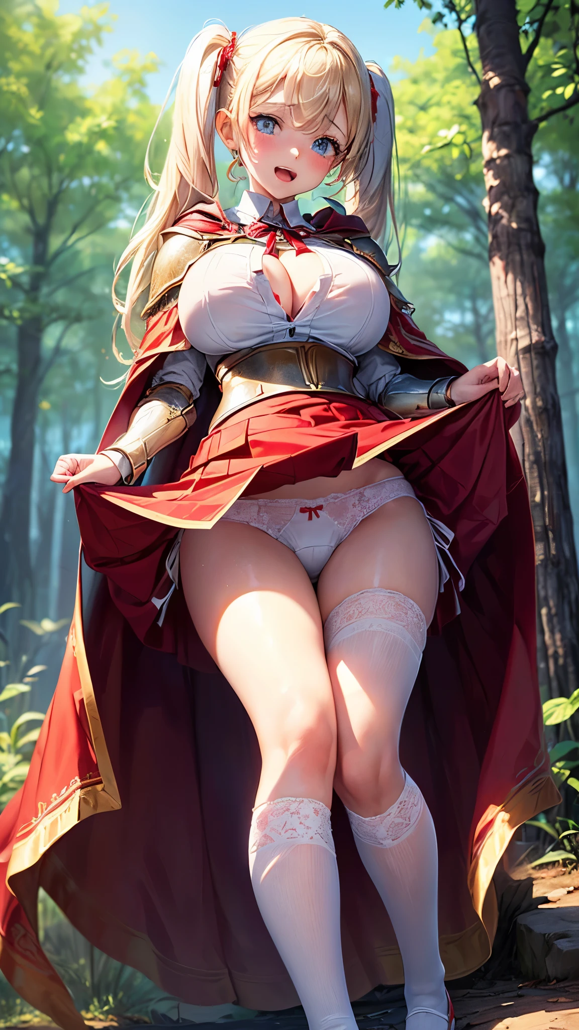 best quality,1girl,((((:1.3)))))),((big breasts:1.3)),curvy,orgasm,blush, sweat,blue eyes,blonde hair,long hair,twintail,((waist-cape armor,white shirt,red skirt:1.3)),mini skirt,fantasy,((lift skirt,upskirt,lace panties,white panties:1.1)),kneehighs,forest,open shirt,bra