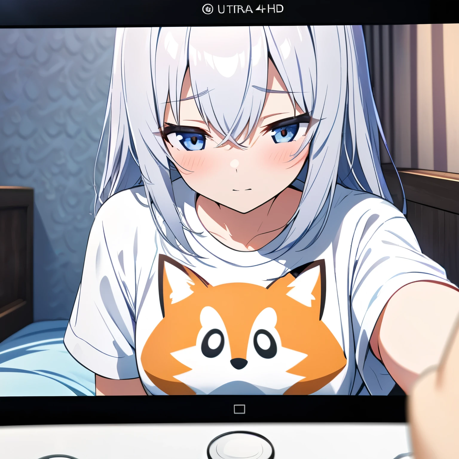 Anime girl, half body portrait, wearing fox t-shirt, just woke up, bedroom, POV, ultra HD, Ultra detail