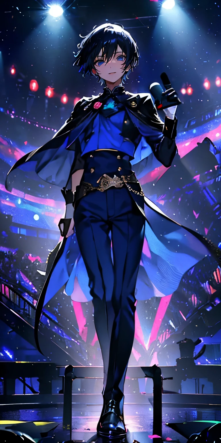 (Mastepiece), (Best Quality), Very detailed, ((1 boy)), Perfect Face, Beautiful Face, Very detailedな顔，((Navy Blue Hair_short hair_Dark blue eyes:1.3))，Full body photography、Male solo idol、Gorgeous idol costumes、Cape、boots、(pants:1.2)、(Hold the microphone)、stage、Concert Dome、Lots of confetti、(smile:1.4)、(Open your mouth wide)、sing、dance、Wink、Laser light、Spotlight