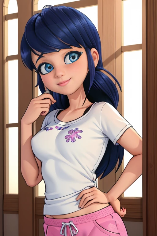 (8k, RAW photo, best quality, masterpiece:1.2), (intricate details), perfect eyes, perfect face, perfect lighting, beautiful, (masterpiece:1.2), (best quality:1.2), 1girl, solo, marinette, blue hair, long hair down, adult torso, , slight smile, medium sized breasts, white t-shirt, pink sweatpants, long hair flowing down