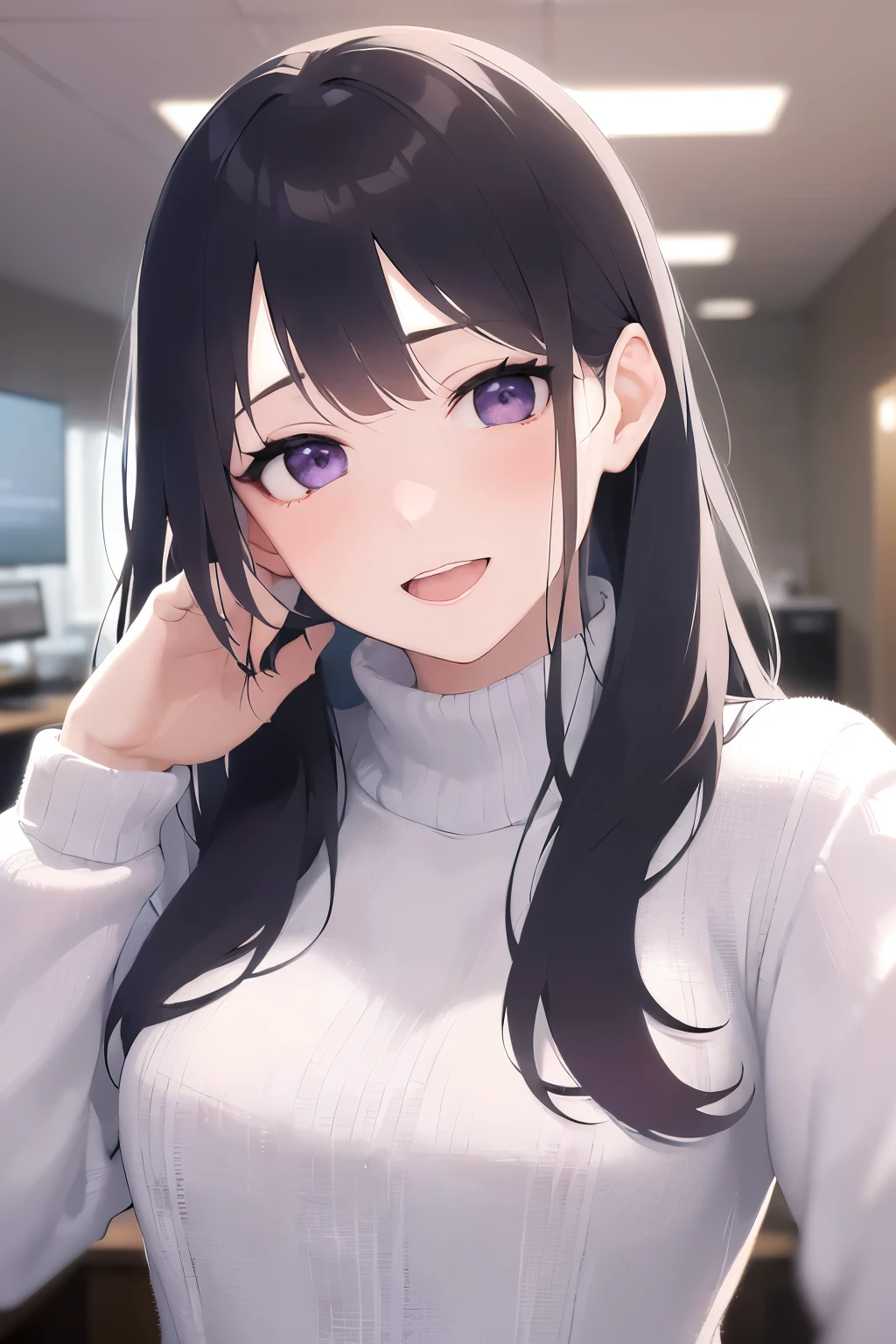 Placing hand on face、Biologically correct five fingers、head tilt、Real person, (Pale skin: 1.2), RAW Photos, Realistic, Shiny skin, Shiny Hair、(A 25-year-old woman with straight hair and bangs) and (medium hair) and (black hair) and (purple eyes) , in white turtleneck shirt, smile, open mouth, Background is an office room、Are standing