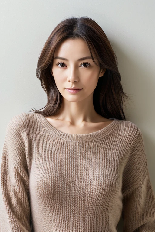 (High reality photograph, high resolusion, detailed face, detailed eyes) Skinny Japanese lady, 40 years old, cute face, solo:1, lovely body, skinny figure, small breasts, thin chests, emphasizing very skinny waist, a high neck pullover sweater, waist-up photo