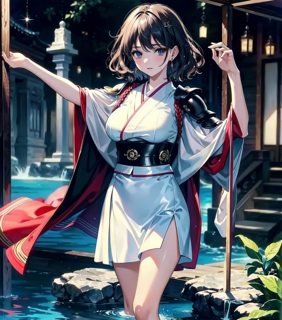 masterpiece, best quality, extremely delicate and beautiful, ultra-detailed, high-resolution, 20 years old, detailed beautiful face, tearful mole, earring, very huge round breasts, short medium hair, wavy hair, wet clothes, full body shot, alone, (assassin), kimono, (armor),