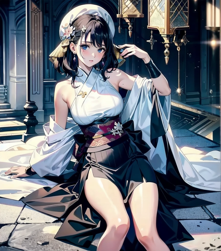 masterpiece, best quality, extremely delicate and beautiful, ultra-detailed, high-resolution, 20 years old, detailed beautiful face, tearful mole, earring, very huge round breasts, short medium hair, wavy hair, wet clothes, full body shot, alone, (assassin), kimono, (armor),