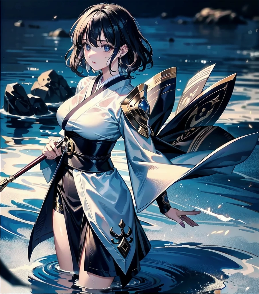 masterpiece, best quality, extremely delicate and beautiful, ultra-detailed, high-resolution, 20 years old, detailed beautiful face, tearful mole, earring, very huge round breasts, short medium hair, wavy hair, wet clothes, full body shot, alone, (assassin), kimono, (armor),