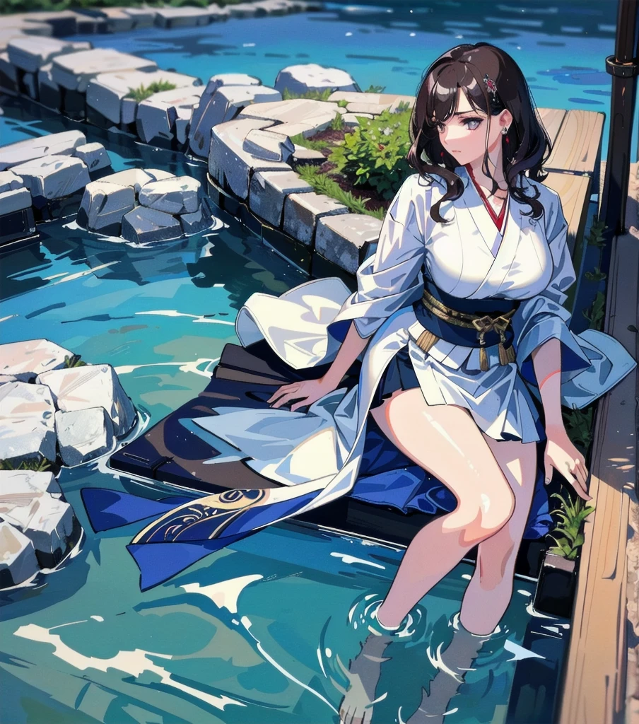 masterpiece, best quality, extremely delicate and beautiful, ultra-detailed, high-resolution, 20 years old, detailed beautiful face, tearful mole, earring, very huge round breasts, short medium hair, wavy hair, wet clothes, full body shot, alone, (assassin), kimono, (armor),