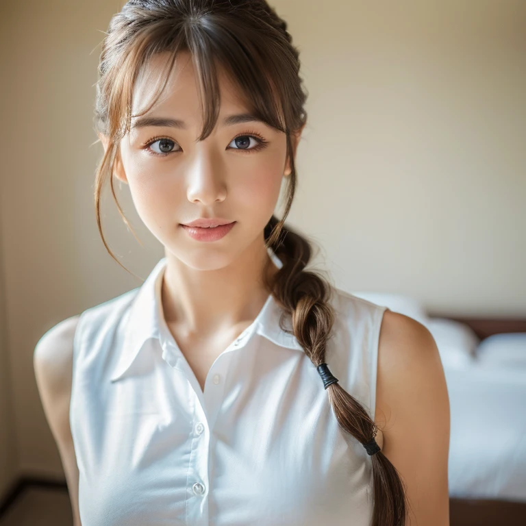 ((highest quality, 8k, masterpiece :1.3)), One girl, Beautiful woman with slim abdominal muscles :1.3, (Random Hairstyles :1.2), White shirt :1.2, Highly detailed face, Fine grain, double eyelid, Underarm