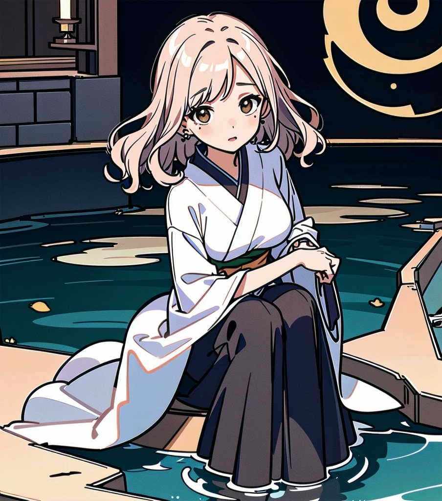 masterpiece, best quality, extremely delicate and beautiful, ultra-detailed, high-resolution, 20 years old, detailed beautiful face, tearful mole, earring, very huge round breasts, short medium hair, wavy hair, wet clothes, full body shot, alone, (assassin), kimono, (armor),