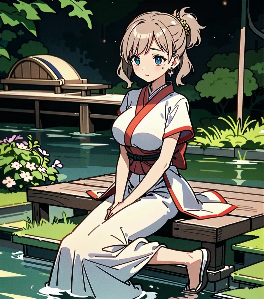masterpiece, best quality, extremely delicate and beautiful, ultra-detailed, high-resolution, 20 years old, detailed beautiful face, tearful mole, earring, very huge round breasts, short medium hair, wavy hair, wet clothes, full body shot, alone, (assassin), kimono, (armor),