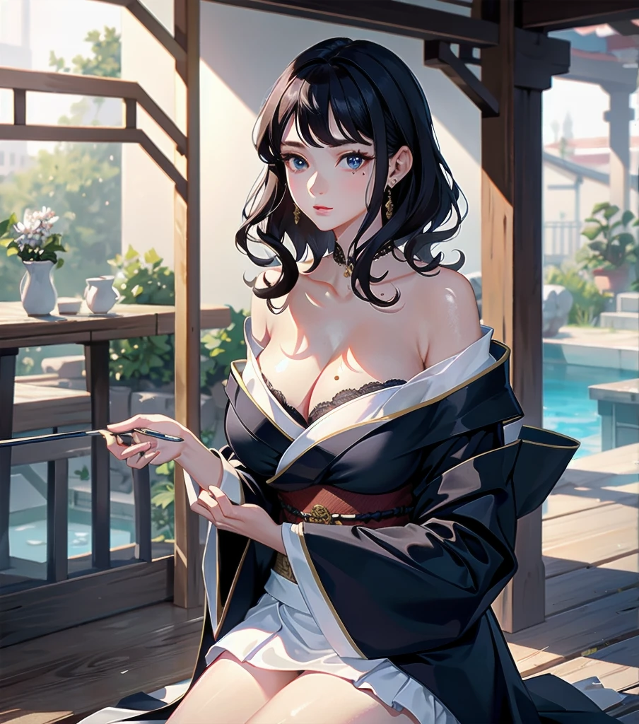 masterpiece, best quality, extremely delicate and beautiful, ultra-detailed, high-resolution, 20 years old, detailed beautiful face, tearful mole, earring, very huge round breasts, short medium hair, wavy hair, wet clothes, full body shot, alone, (assassin), kimono, (armor),