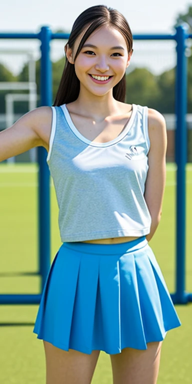 A neat female college student, people, (skirt, Play sports often), Outside the playground, (slim), Realistic, detailed, Skin Texture, ultra detailed, Delicate and sexy collarbone, smile, super detaileded face, detaileded lips, detaileded eyes, small breasts, small, small breasts, small, flat breasts, flat
