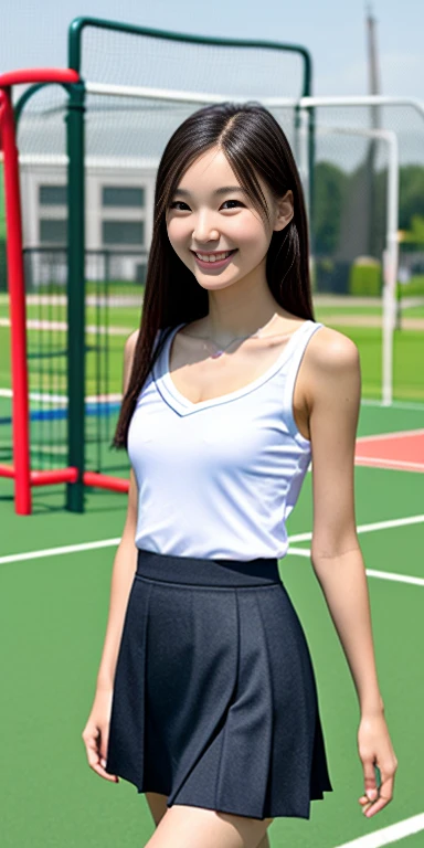 A neat female college student,  people, (skirt, Play sports often), Outside the playground, (slim), Realistic, detailed, Skin Texture, ultra detailed, Delicate and sexy collarbone, smile, super detaileded face, detaileded lips, detaileded eyes, small breasts, small, small breasts, small, flat breasts, flat