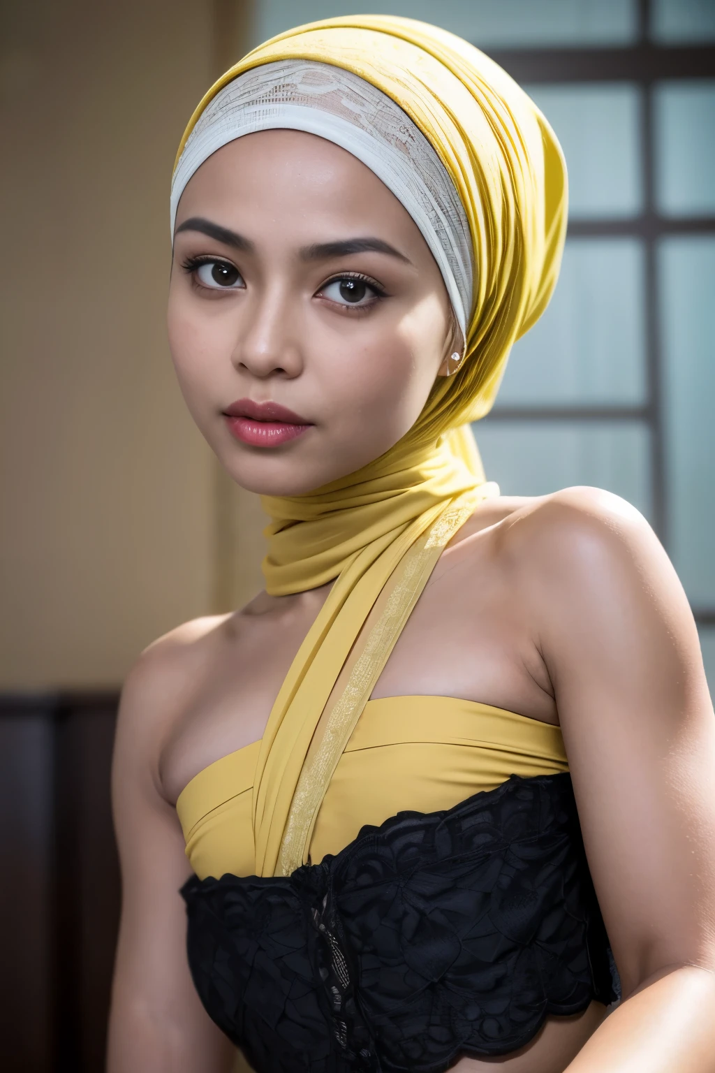 underboob,RAW, Best quality, high resolution, masterpiece: 1.3), beautiful javanese woman in hijab,Masterpiece, perfect slim fit body, Huge breast,big gorgeous eyes, Soft smile,a close up of a woman, wearing beautiful clothes, beautiful design, hijab, rustic, very beautiful enga style, beautiful masterpiece, fine details, wearing gorgeous clothing, choker , necklace, hairband, afternoon walk, City garden, Excellent lighting, Bright colors, Clean lines
