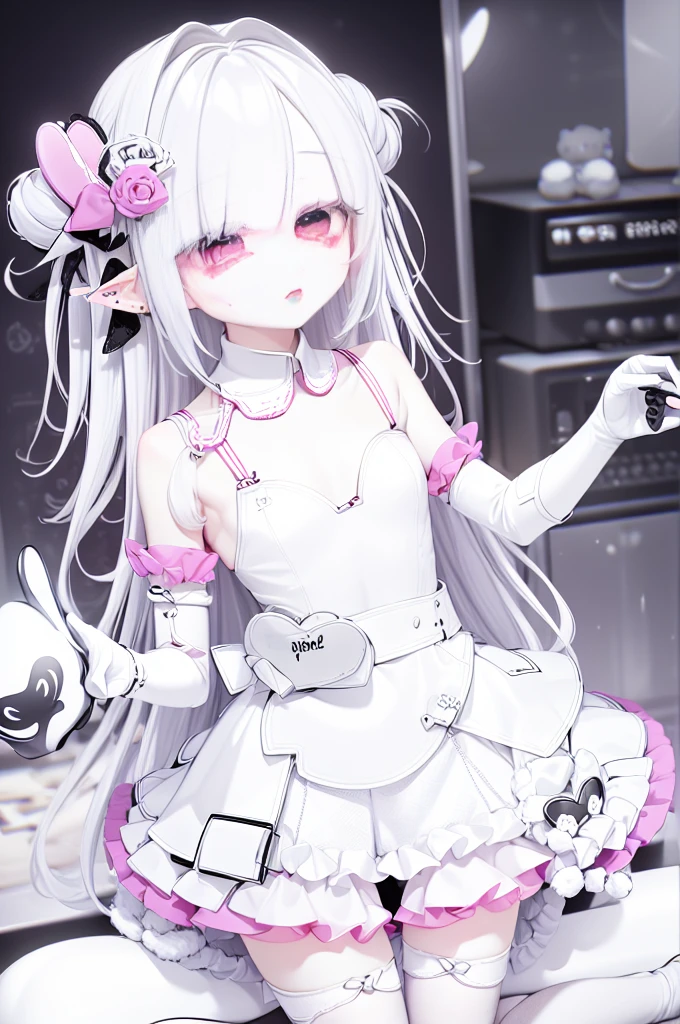 Waji, 1 Girl, Gray skin, white hair, Pink sclera, pupil, Long hair, White Dress, Pink and white striped socks, Hairpin, Long glove, Perfect anatomical structure, Solitary