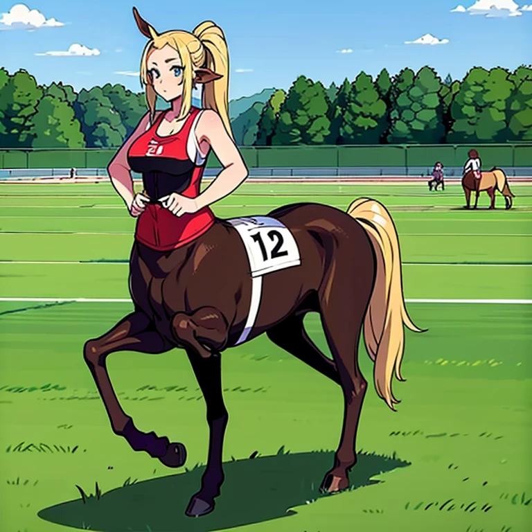 Many Centaur Women.
 They are all athletes.
 All participants are wearing numbered bibs..
 Her hairstyle exposes her forehead.
 Masterpiece,
 
 Everyone talking in the paddock before the race