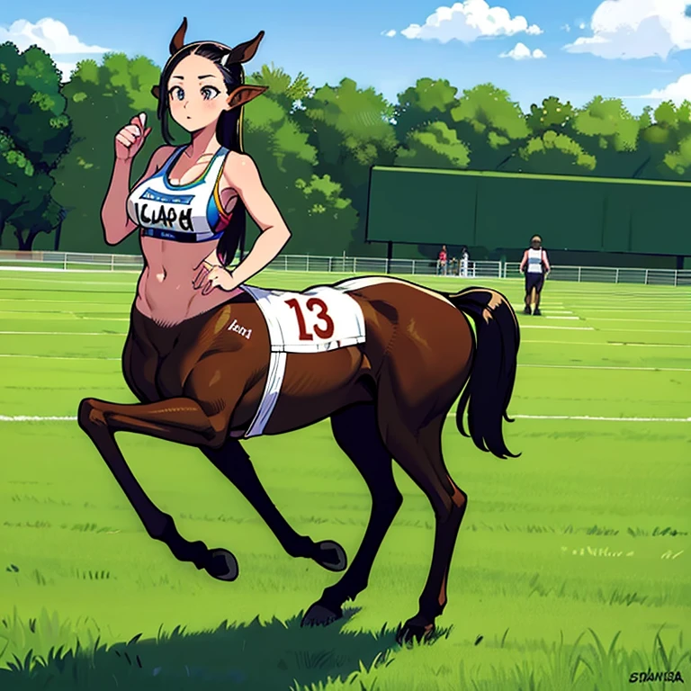 Many Centaur Women.
 They are all athletes.
 All participants are wearing numbered bibs..
 Her hairstyle exposes her forehead.
 Masterpiece,
 
 Everyone talking in the paddock before the race