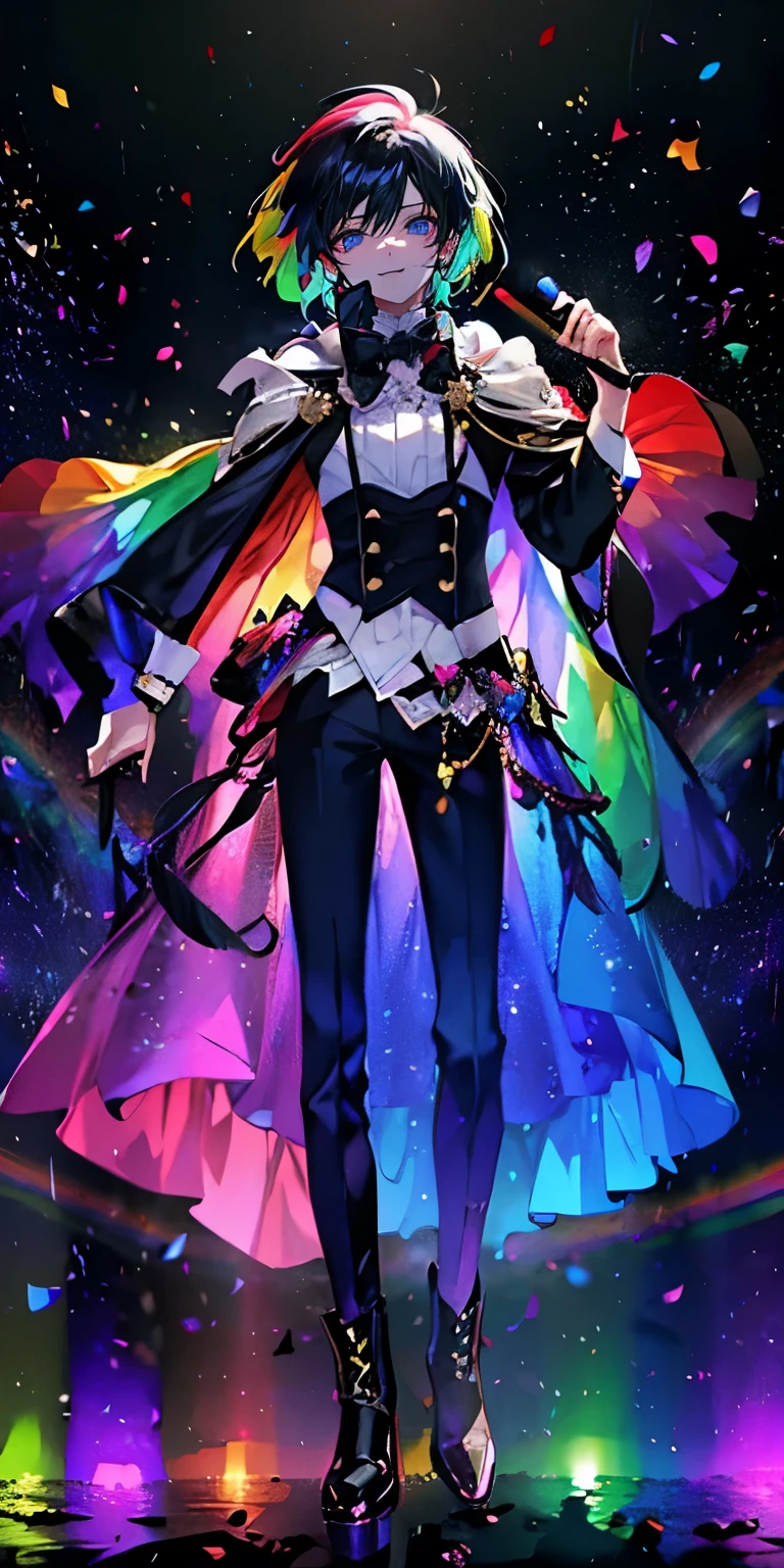 (Mastepiece), (Best Quality), Very detailed, ((1 boy)), Perfect Face, Beautiful Face, Very detailedな顔，((Rainbow Hair_short hair_Rainbow Eyes:1.3))，Full body photography、Male solo idol、Gorgeous idol costumes、Cape、boots、(pants:1.2)、(Hold the microphone)、stage、Concert Dome、Lots of confetti、(smile:1.4)、(Open your mouth wide)、sing、dance、Wink、Laser light、Spotlight