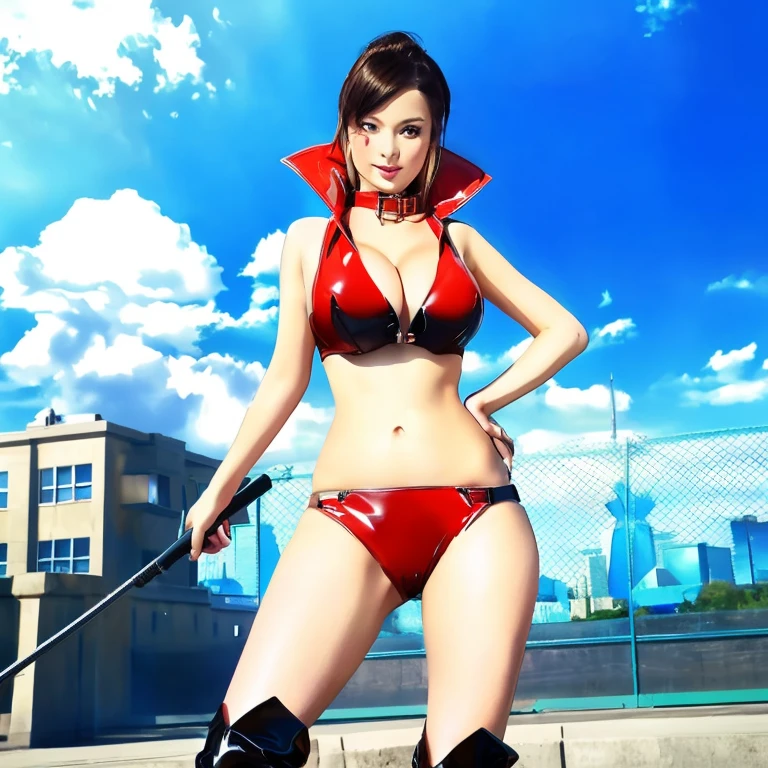 {{popped collar}},latex, bikini,sleeveless, cleavage, knee boots