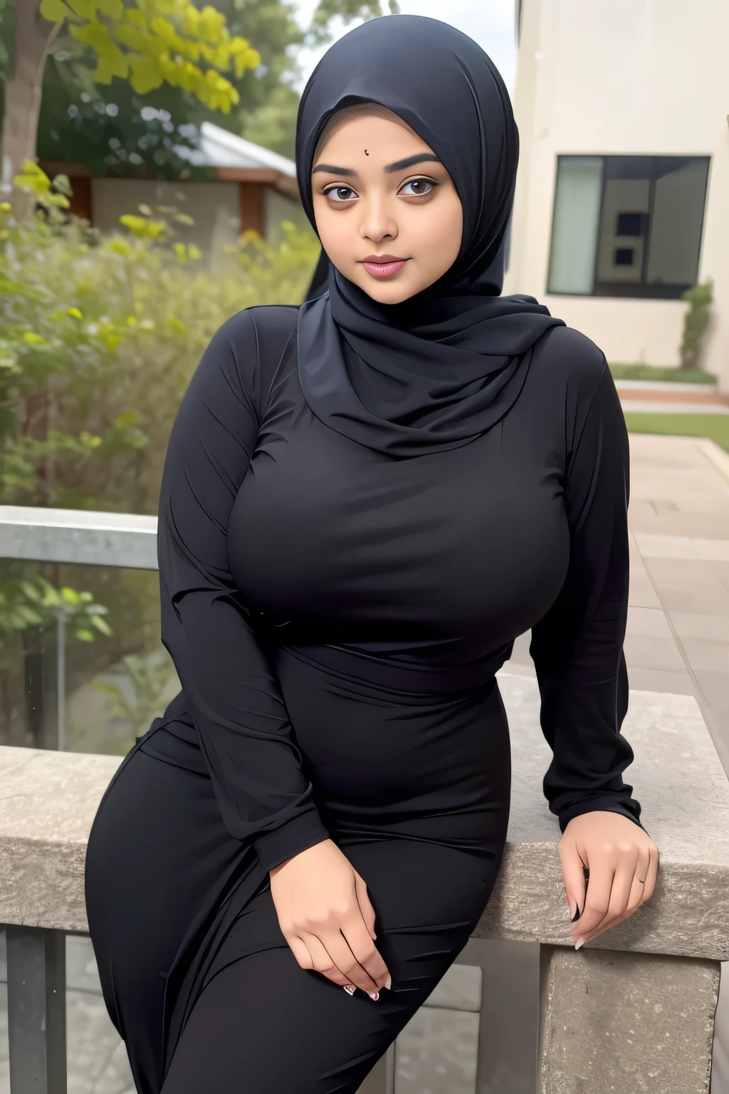 RAW, (Best quality, high resolution, work: 1.3), Beautiful Aishwarya Rai in hijab, perfect fit body, (Big breasts) , Beautiful big eyes, Soft smile, beautiful face, slightly open mouth, thick thighs, beautiful buttocks, , beautiful big eyes , gentle smile, beautiful girl, detailed face, Muslim woman in a hijab leaning on a railing, hijab, with beautiful exotic, casual pose, women full body, attractive pose, casual modern clothing, instagram post, casual photography, malaysian, monochrome, casual clothing style, beautiful girl, wearing black tight clothing, wonderful masterpiece, with lovely look, beautiful female