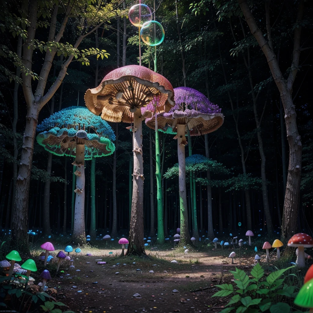 bright, multicolored, neon forest with glowing mushrooms and bubbles everywhere, fantasy, fairy tale, no people, magical