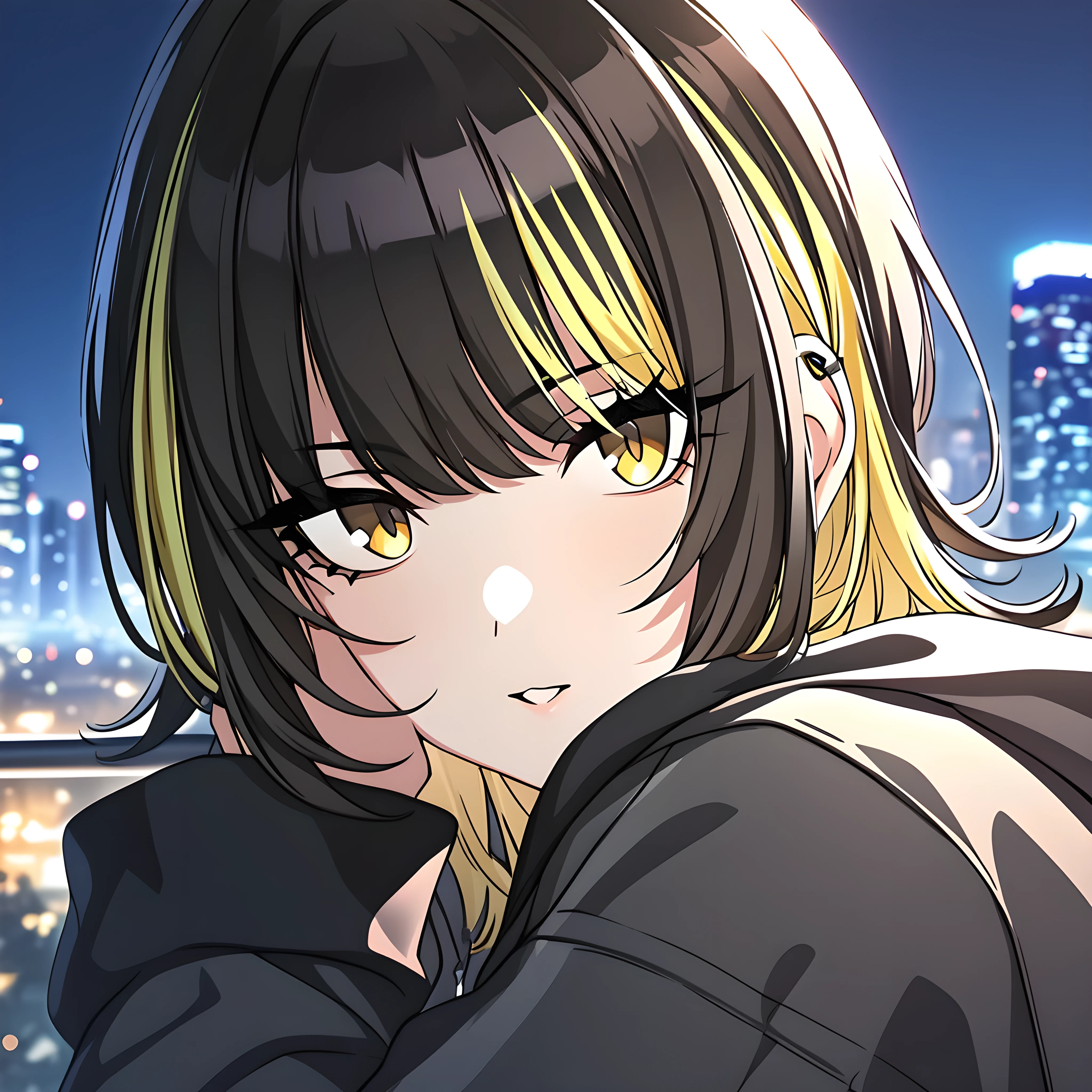 (masterpiece),(best quality),(ultra-detailed),(best illustration),(best shadow),(absurdres),(detailed background),(very aesthetic), luca ikaruga, casualoutfit2, 1girl, blonde hair, solo, multicolored hair, hood, hoodie, yellow eyes, looking at viewer, black hair, night city background
