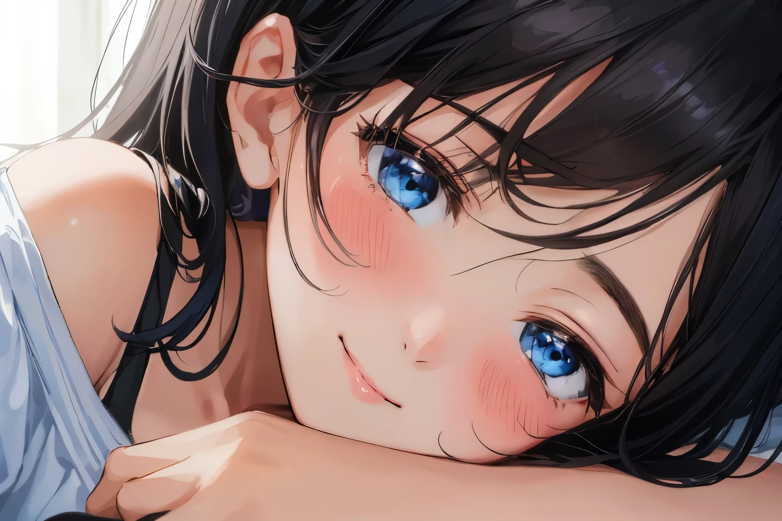 Masterpiece、highest quality、1 female、Super detailed　Black Hair、bangs　Blue Eyes、Detailed depiction of the eyes　Smiling、blush　camisole　Face is close、Facial Close-up、Bring your face closer　Sheetsに横になる、Spread your shoulders、Put your hand here、Spread your arms　Sheets