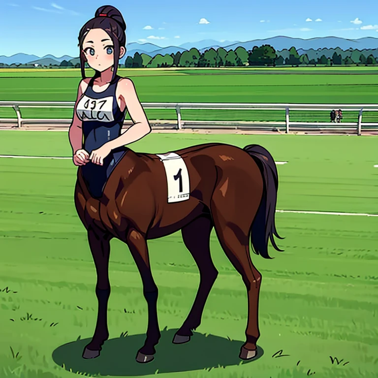 Many Centaur Women.
 They are all athletes.
 All participants are wearing numbered bibs..
 Her hairstyle exposes her forehead.
 Masterpiece,
 
 Everyone talking in the paddock before the race