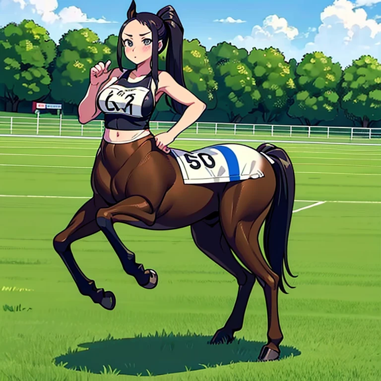 Many Centaur Women.
They are all athletes.
All participants are wearing numbered bibs..
Her hairstyle exposes her forehead.
Masterpiece,
Everyone talking in the paddock before the race