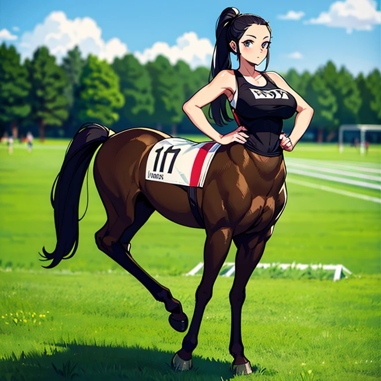 Many Centaur Women.
 They are all athletes.
 All participants are wearing numbered bibs..
 Her hairstyle exposes her forehead.
 Masterpiece,
 
 Everyone talking in the paddock before the race