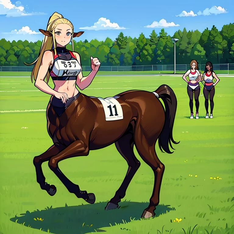 Many Centaur Women.
 They are all athletes.
 All participants are wearing numbered bibs..
 Her hairstyle exposes her forehead.
 Masterpiece,
 
 Everyone talking in the paddock before the race