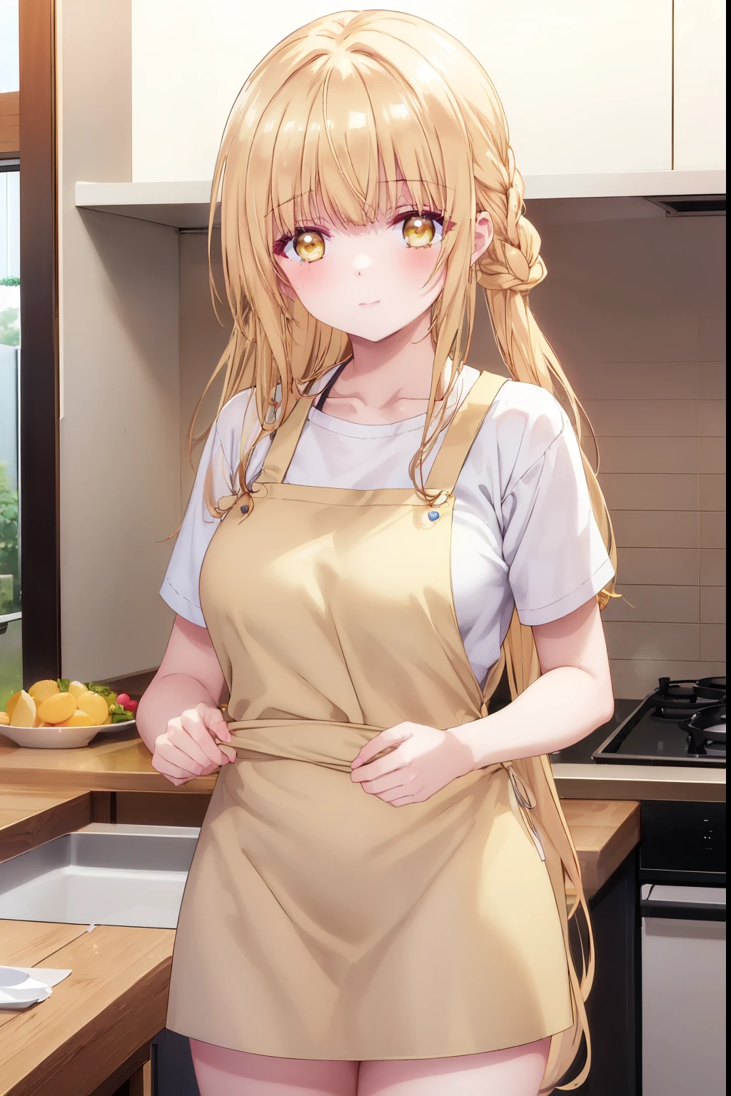 Mahiru shiina, , blonde, (Yellow Eyes:1.3)、Braided long hair,,blush,smile,night、Beautiful scenery, attractive thighs、Beautiful bare legs, Naked Apron、Wearing an apron naked、Cooking food in the kitchen、Bare chest、Nipples are visible
（masterpiece:1.2), highest quality, High resolution, unity 8k wallpaper, (shape:0.8), (Beautiful and beautiful eyes:1.6), Highly detailed face, Perfect lighting, Extremely detailed CG, (Perfect hands, Perfect Anatomy),