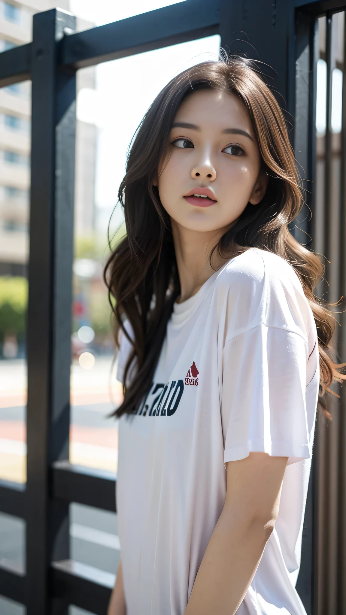 1girl, beautiful, wavy hair, almond eyes, no make up, oversize t-shirt, in front of fence, big city, close up, (from below:1.2), (photorealistic:1.2), (ultra realistic:1.3), (very detailed:1.1), ((masterpiece)), CG rendering, Blurred background, deep shadow, 16K, Very detailed, wallpaper, depth of field, movie light, lens flare, Ray tracing.