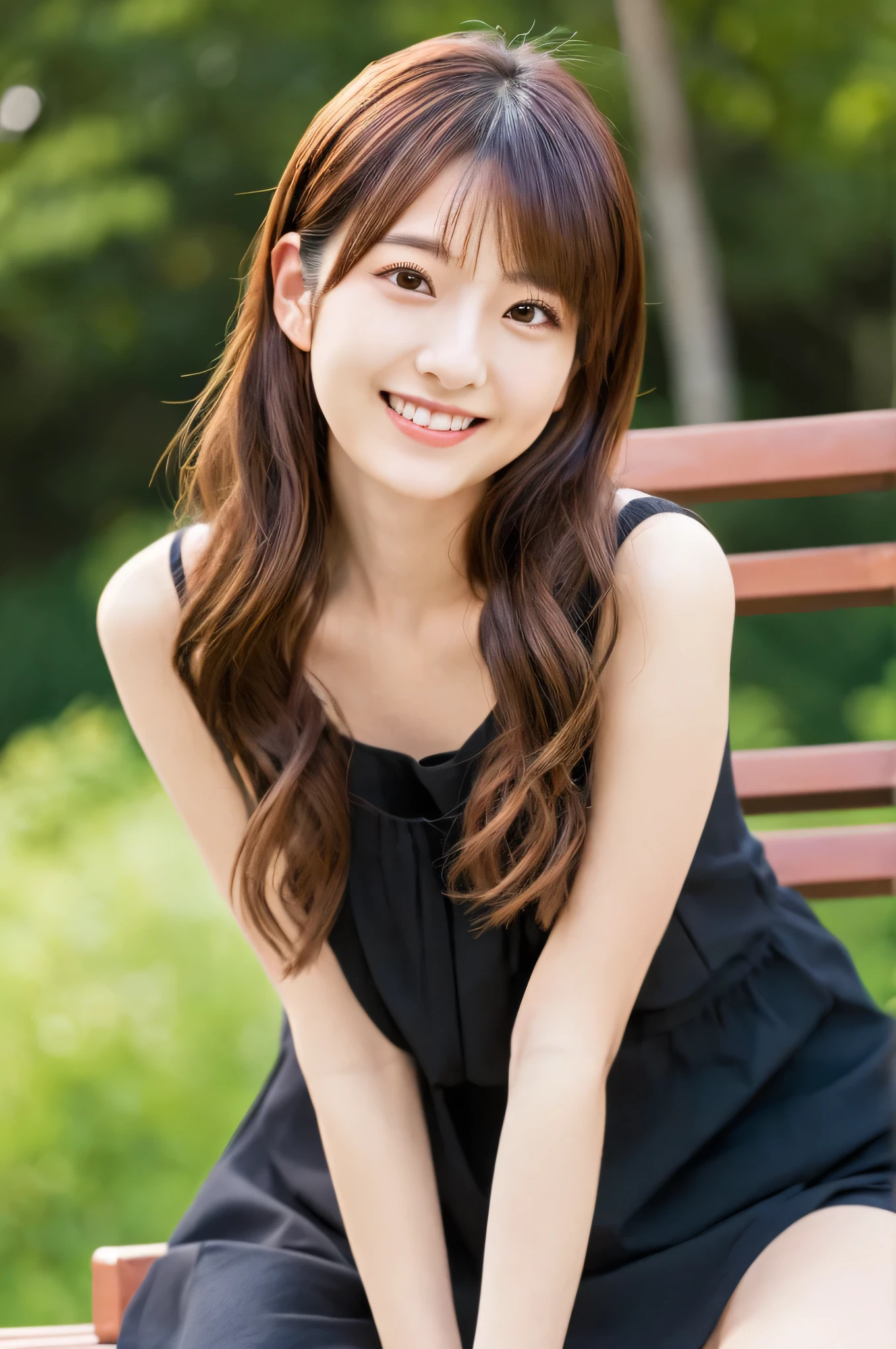 Minami Hamabe,(highest quality,16k,High resolution:1.2),Dark brown medium hair,Girls in their 20s,Very detailed,One Girl,A beautiful 26 year old woman,(Minami Hamabe:1.3),(smile),sitting on a park bench