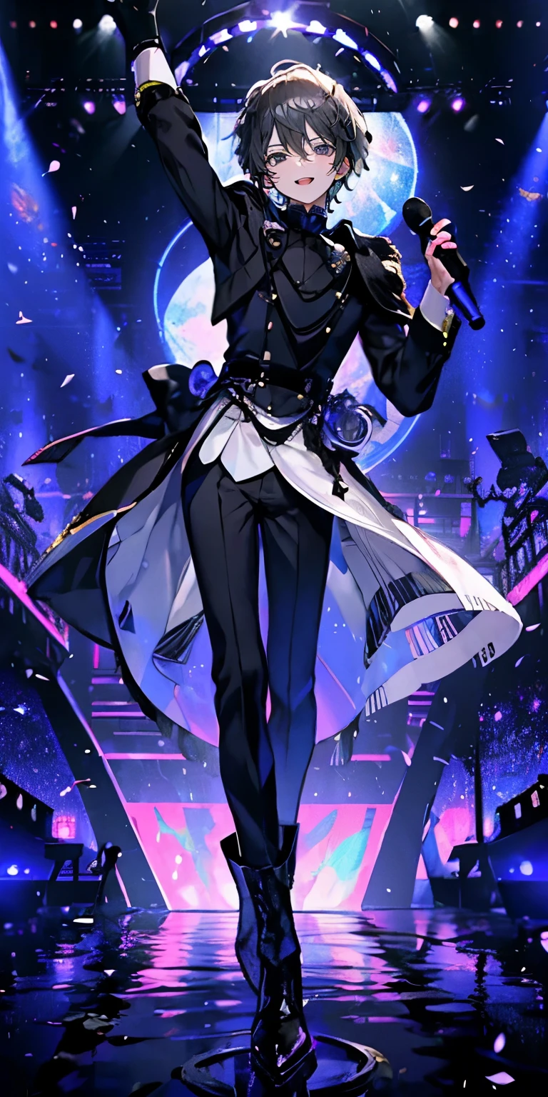(Mastepiece), (Best Quality), Very detailed, ((1 boy)), Perfect Face, Beautiful Face, Very detailedな顔,((Gray Hair_short hair_Black eyes:1.3)),Full body photography、Male solo idol、Gorgeous idol costumes、Cape、boots、(pants:1.2)、(Hold the microphone)、stage、Concert Dome、Lots of confetti、(smile:1.4)、(Open your mouth wide)、sing、dance、Wink、Laser light、Spotlight