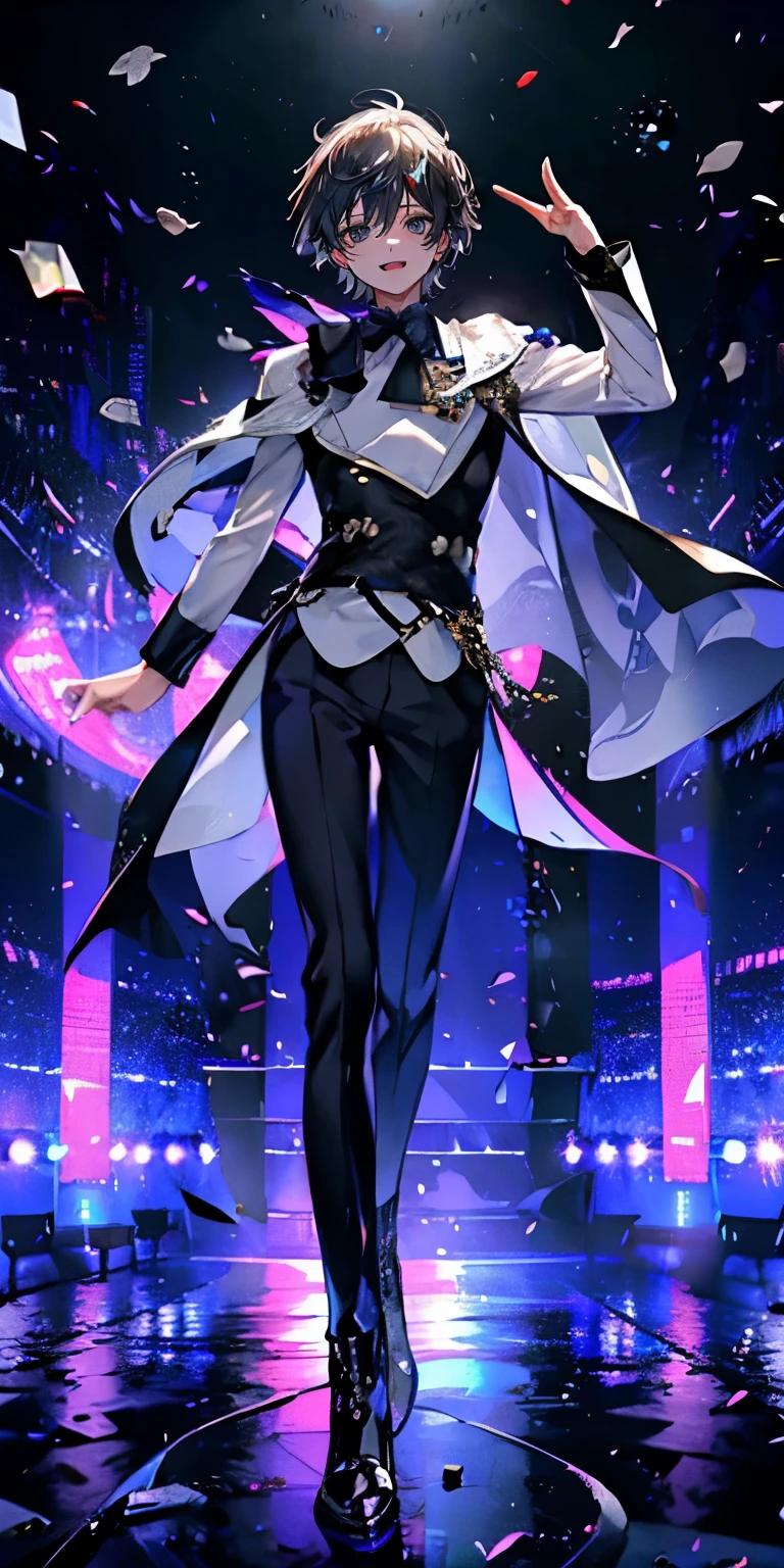 (Mastepiece), (Best Quality), Very detailed, ((1 boy)), Perfect Face, Beautiful Face, Very detailedな顔，((Gray Hair_short hair_Black eyes:1.3))，Full body photography、Male solo idol、Gorgeous idol costumes、Cape、boots、(pants:1.2)、(Hold the microphone)、stage、Concert Dome、Lots of confetti、(smile:1.4)、(Open your mouth wide)、sing、dance、Wink、Laser light、Spotlight